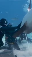 Curious tiger shark gets turned on its head by shark handler at Tiger Beach, Bahamas shorts scuba.mp4