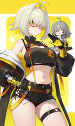 pixai-1823026509030242006-short shorts, thigh strap, gloves, Burnice, blonde hair, red glasses, black top, black clothes, spikes on clothes, stelle, long gray hair, yellow eyes, xing costume.png