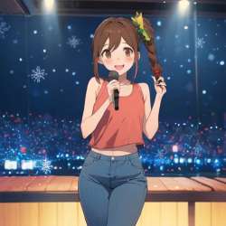 pixai-1907556784848269064-chinatsu hayase singing Christmas karaoke in the spotlight in karaoke lounge .png