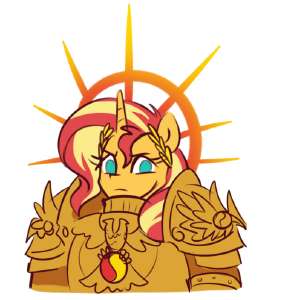 3570506safeartist-colon-limedazzlesunset+shimmerunicornanthrog4angryarmorfemalegod-dash-emperor+of+mankindgolden+armorhalohornlooking+at+youscow.jpg