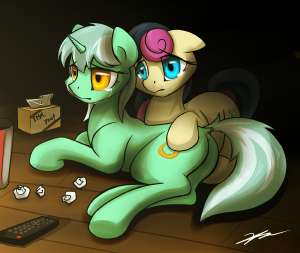 1097677safeartist-colon-gasmaskfoxbon+bonlyra+heartstringssweetie+dropsearth+ponyponyunicorng4buttcryingdockduoplotremote+controlsadtelevision.jpg