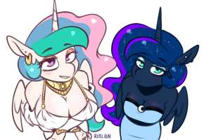3625290suggestiveartist-colon-lrusuprincess+celestiaprincess+lunaalicornanthrog4blushingbreastscleavageclothesdressduoear+piercingearringeyebro.jpg