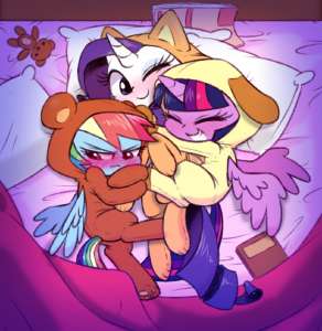 1064150safeartist-colon-raridashdoodlesrainbow+dashraritytwilight+sparklealicornpegasusponyunicorng4animal+costumebedblanketblushingbookchibic.png